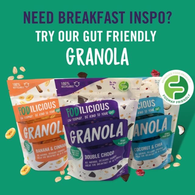 NEED BREAKFAST INSPO? 🤔 

Try our #gutfriendly granola range!  3 delicious flavours, all certified by @fodmapfriendlyfoodprogram so you can eat with confidence 😃

🍌 BANANA & CINNAMON
🍫 DOUBLE CHOCO
🥥 COCONUT & CHIA

✨ Gluten free, dairy free, nut free and free from top 14 allergens!
✨ Vegan and plant-based
✨ 100% natural, high quality ingredients including pure grade A maple syrup
✨ Packed with pure gluten free oats for a natural source of energy and safe source of fibre!
✨ Hand-baked in Scotland, UK

Shop now at Fodilicious.com or amazon!

#lowfodmapdiet #lowfodmap #lowfodmapbreakfast #ibs #irritablebowelsyndrome #bekindtoyourgut #guthealth #gutfriendly #fodmapping #fodmapliving #veganuk #nutfree #breakfastinspo #veganbreakfast #freefrombreakfast #bekindtoyourgut